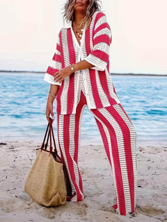 Eleanora - Striped Hollow Out Top And Pants Set