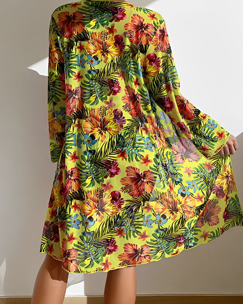 Feline - Tropical Print Bikini Set with Cover-Up