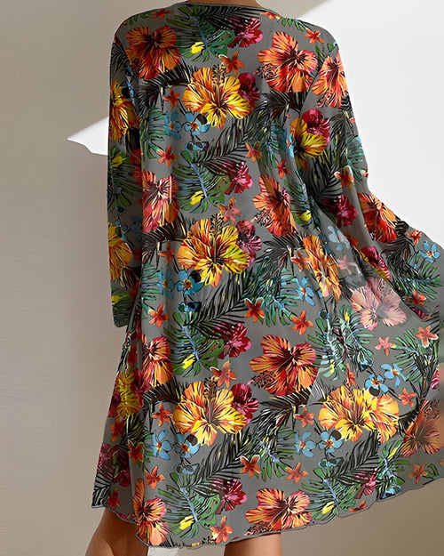 Feline - Tropical Print Bikini Set with Cover-Up