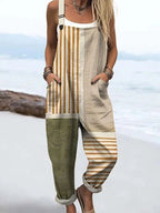 Grace - Casual Striped Print Square Neck Sleeveless Jumpsuit